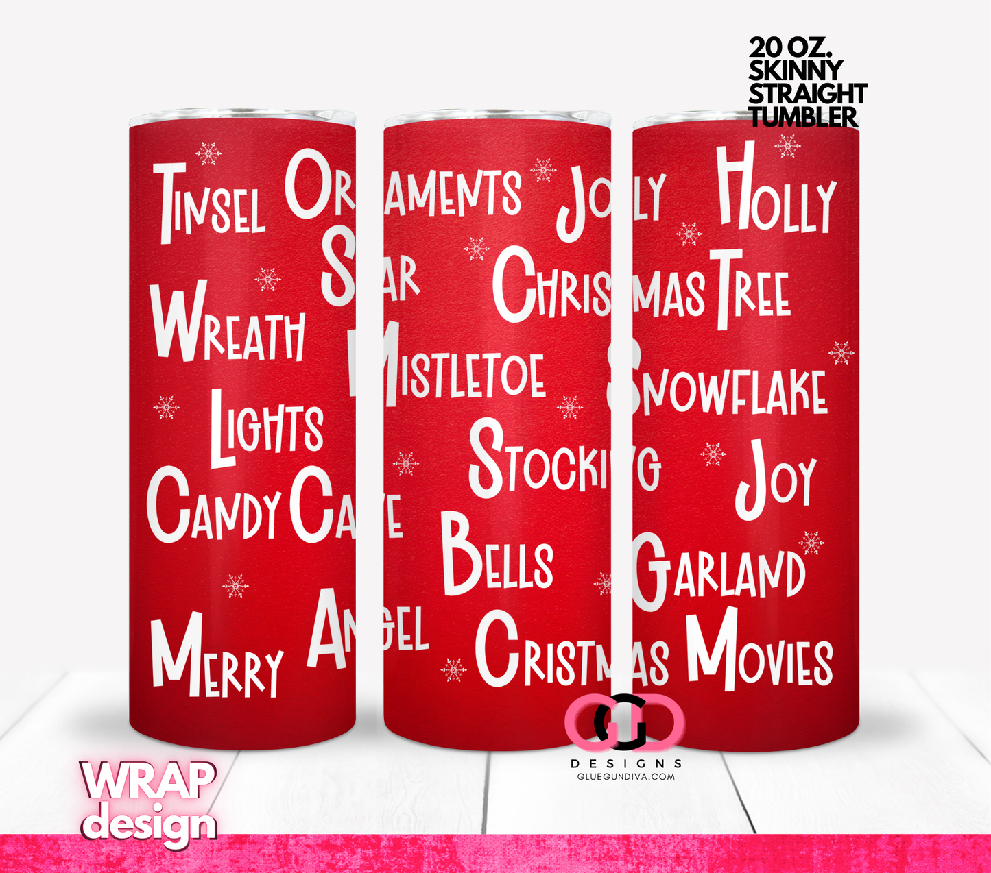 Christmas Words - Digital tumbler wrap for 20 oz skinny straight tumbler