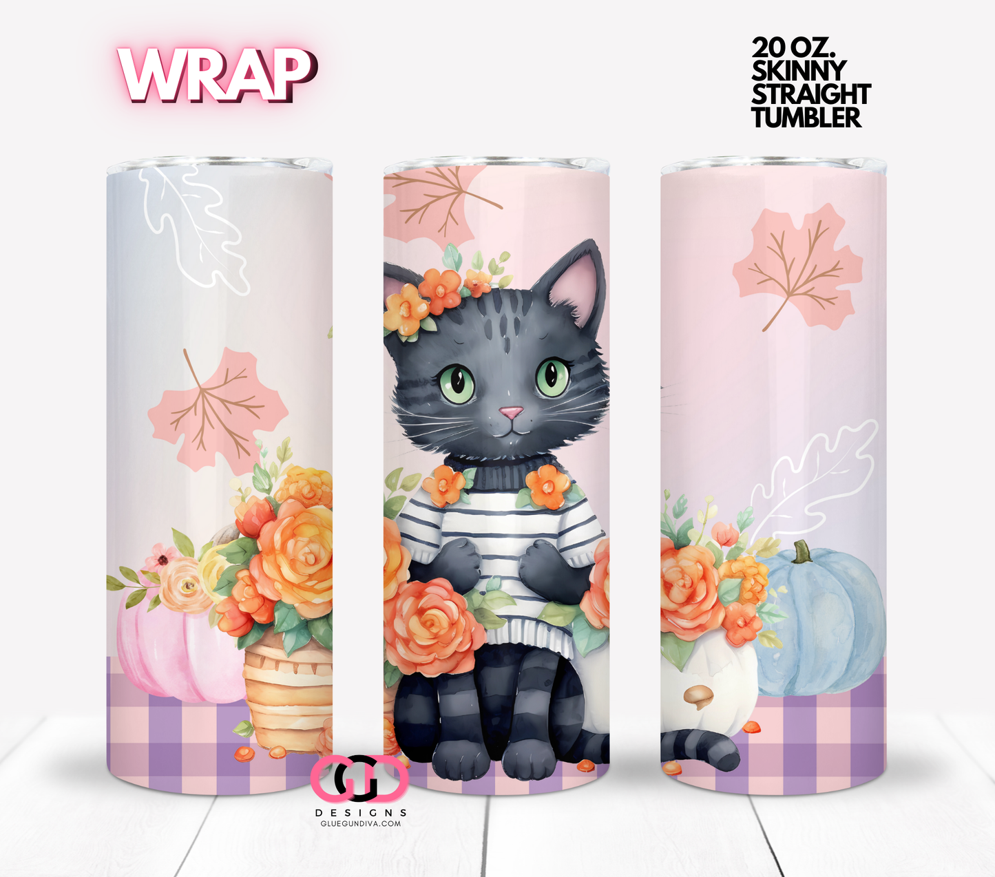Black Fall Cat - Digital tumbler wrap for 20 oz skinny straight tumbler