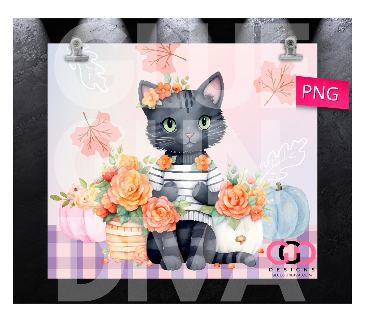 Black Fall Cat - Digital tumbler wrap for 20 oz skinny straight tumbler