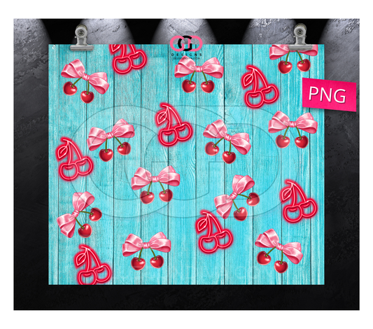 Neon Cherries and Bows - Digital tumbler wrap for 20 oz skinny straight tumbler