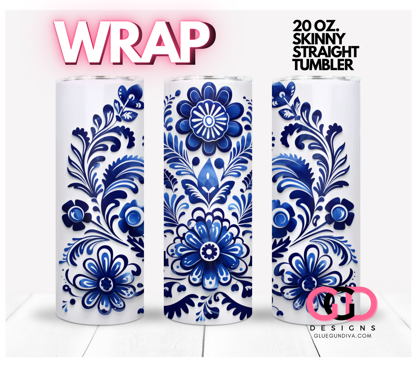 Blue Flowers Mexican Art- Digital tumbler wrap for 20 oz skinny straight tumbler