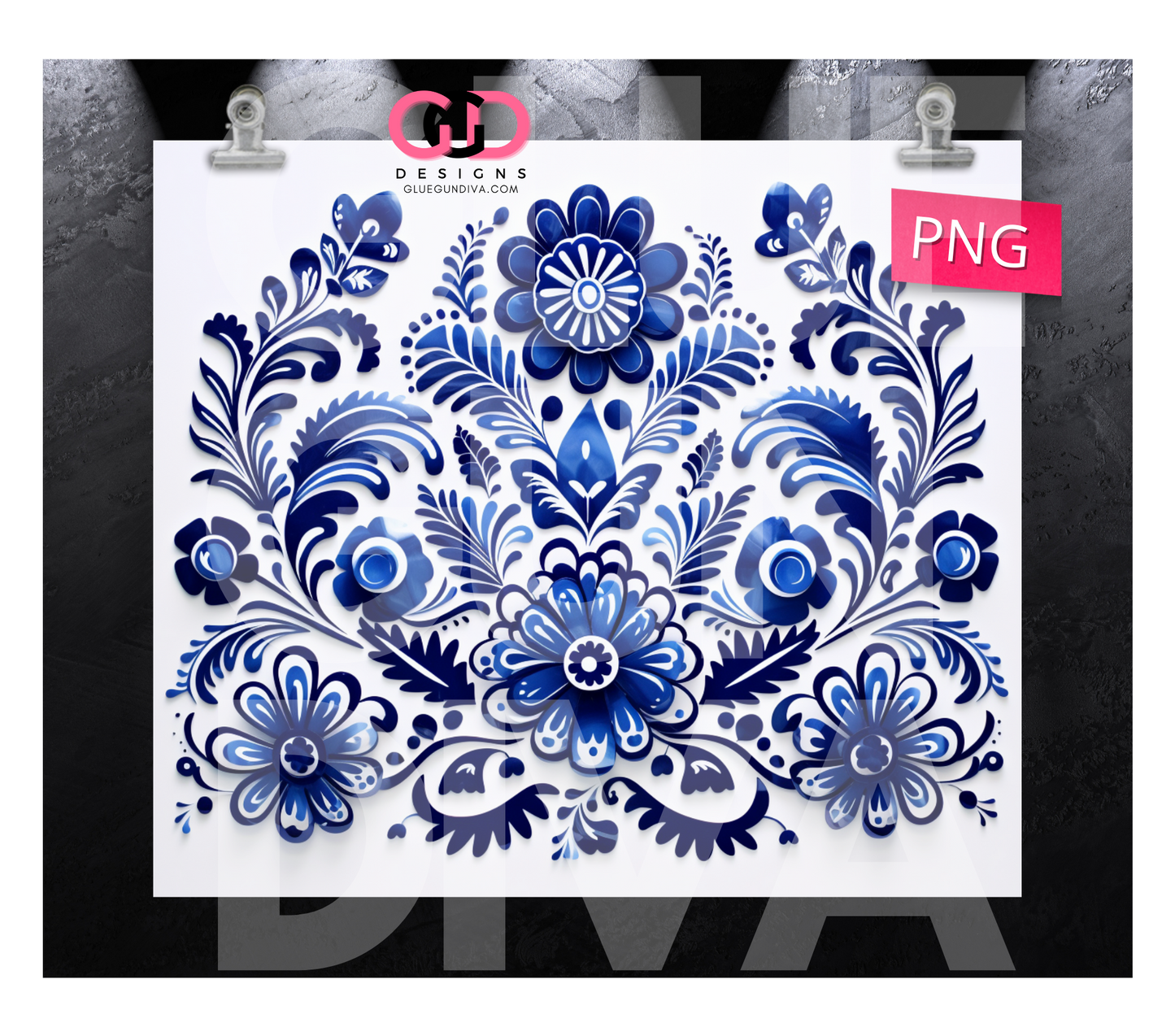 Blue Flowers Mexican Art- Digital tumbler wrap for 20 oz skinny straight tumbler