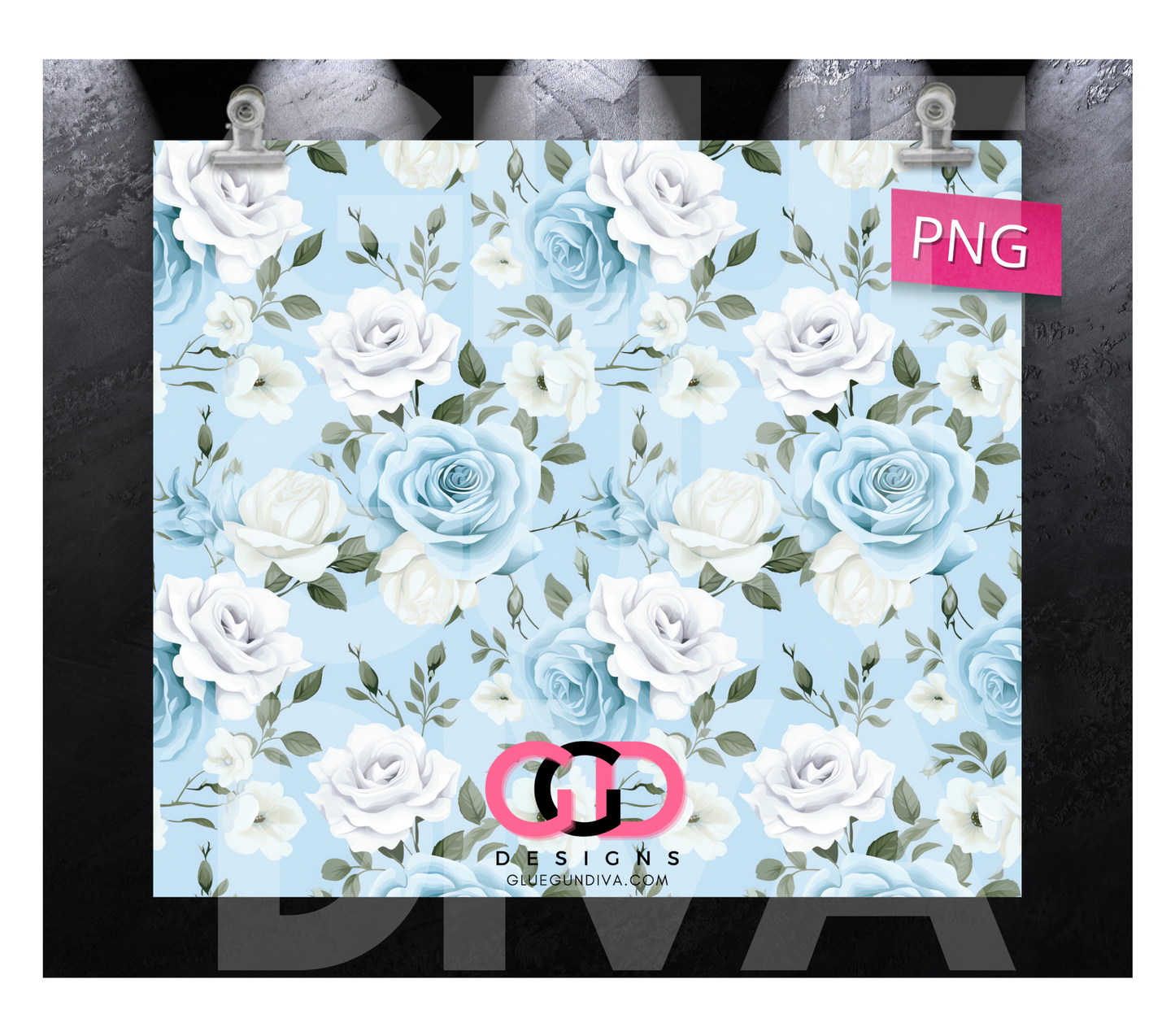 Blue and White Roses- Digital tumbler wrap for 20 oz skinny straight tumbler