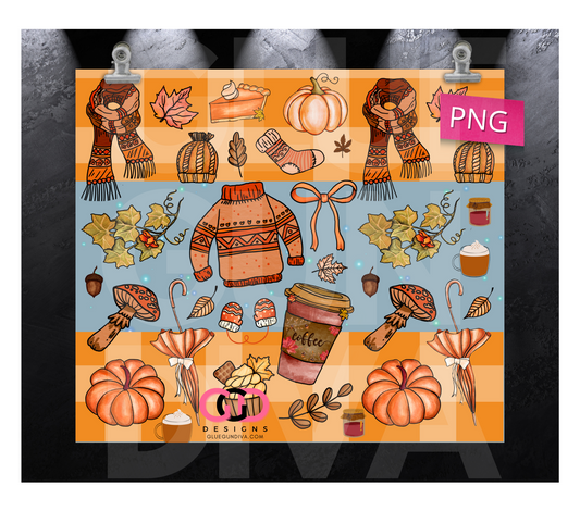 Fall Icons Yellow Plaid - Digital tumbler wrap for 20 oz skinny straight tumbler