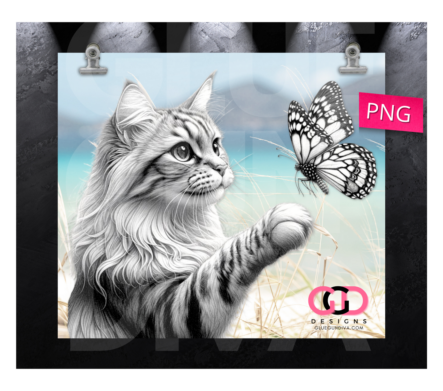 Cute Cat and Butterfly- Digital tumbler wrap for 20 oz skinny straight tumbler