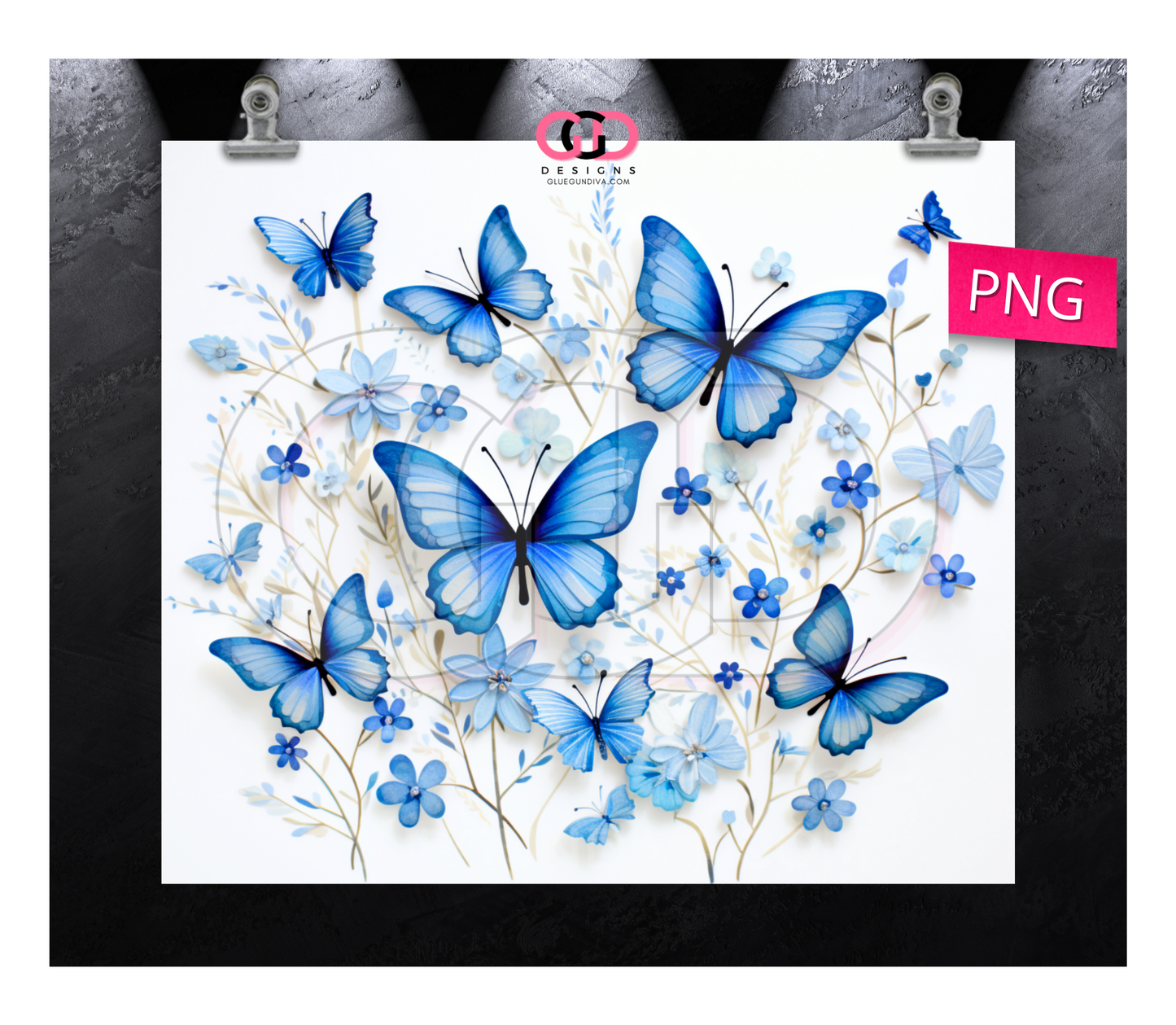 Blue Butterflies and Flowers- Digital tumbler wrap for 20 oz skinny straight tumbler