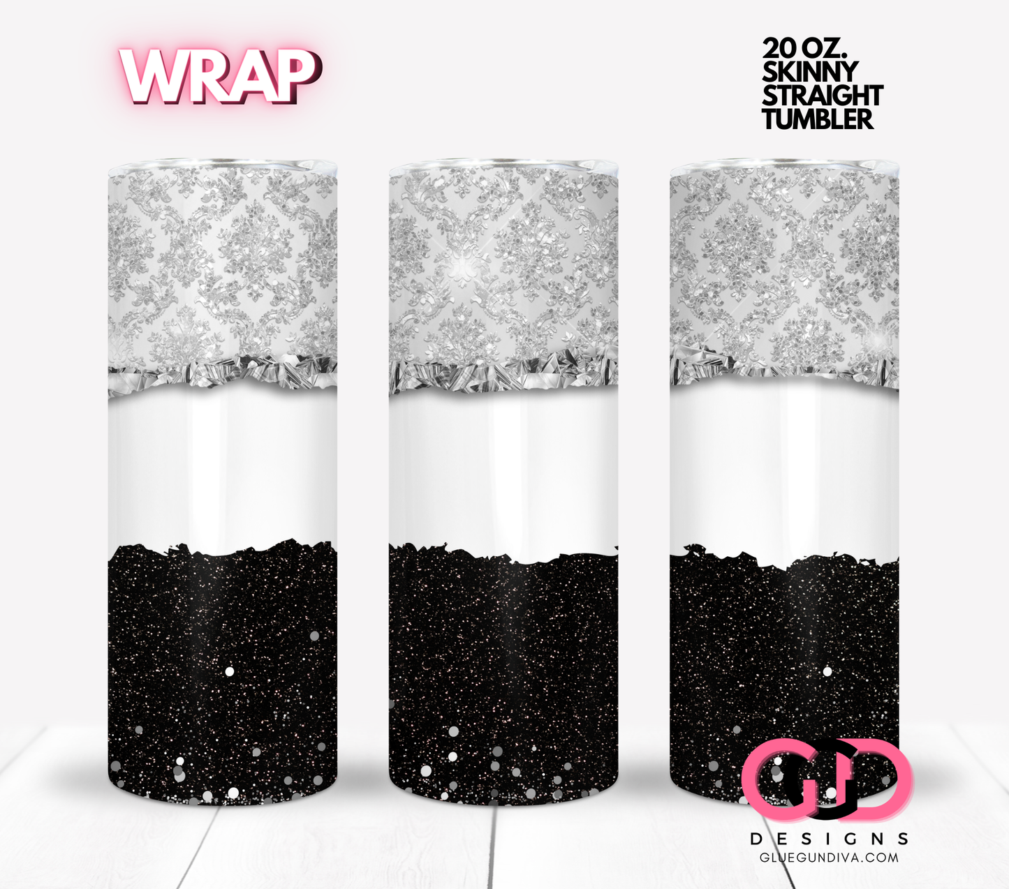 Black and Silver Damask Blank - Digital tumbler wrap for 20 oz skinny straight tumbler