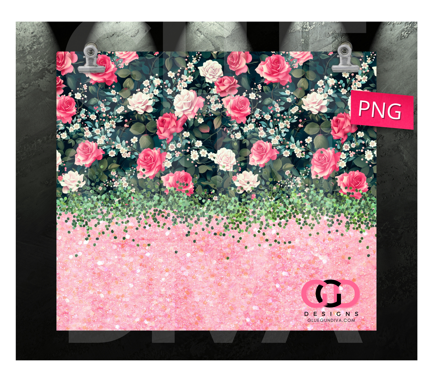 Roses on green and glitter with FREE Pen wrap - Digital tumbler wrap for 20 oz skinny straight tumbler
