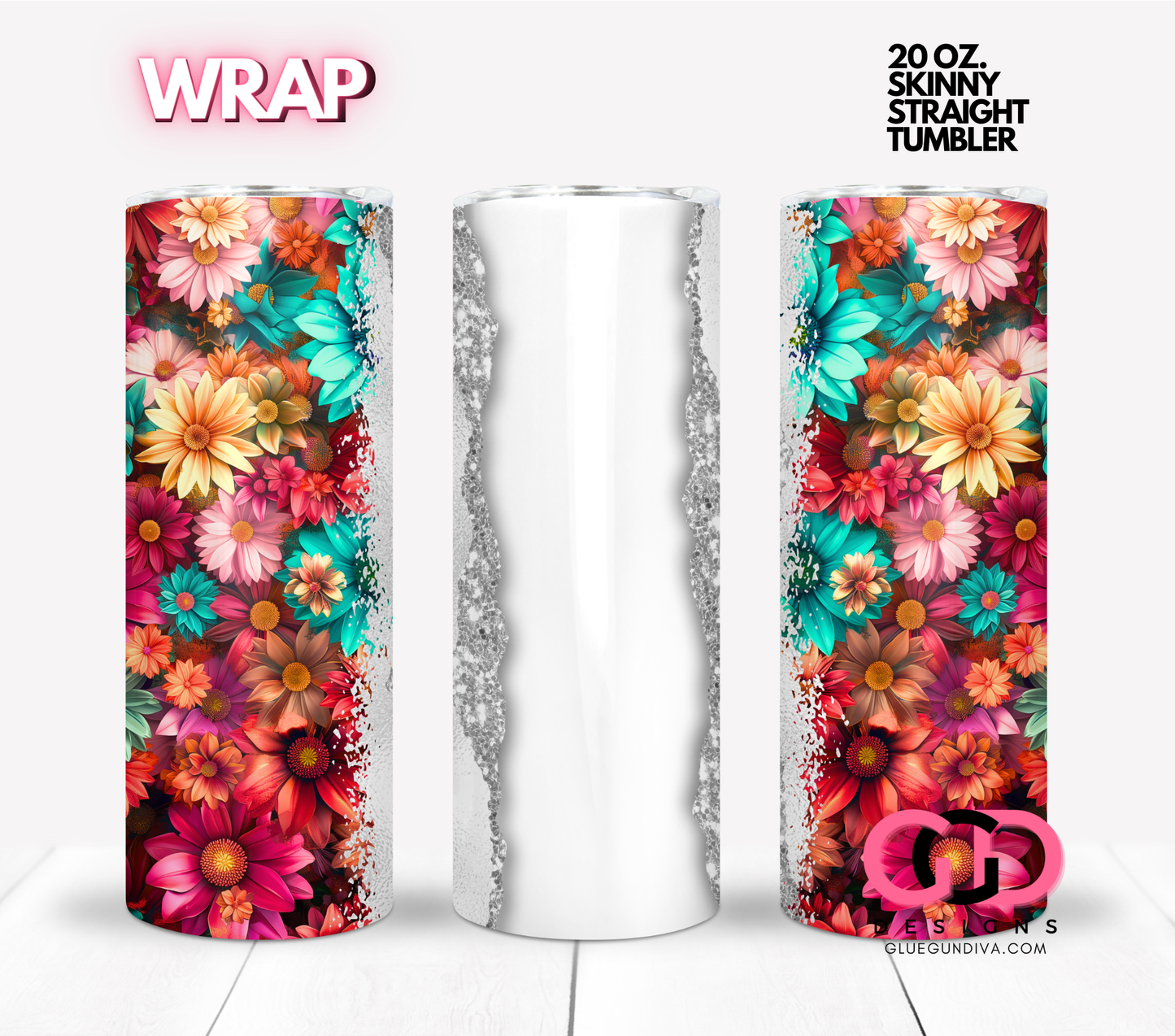 Flowers and Silver Edges Blank - Digital tumbler wrap for 20 oz skinny straight tumbler