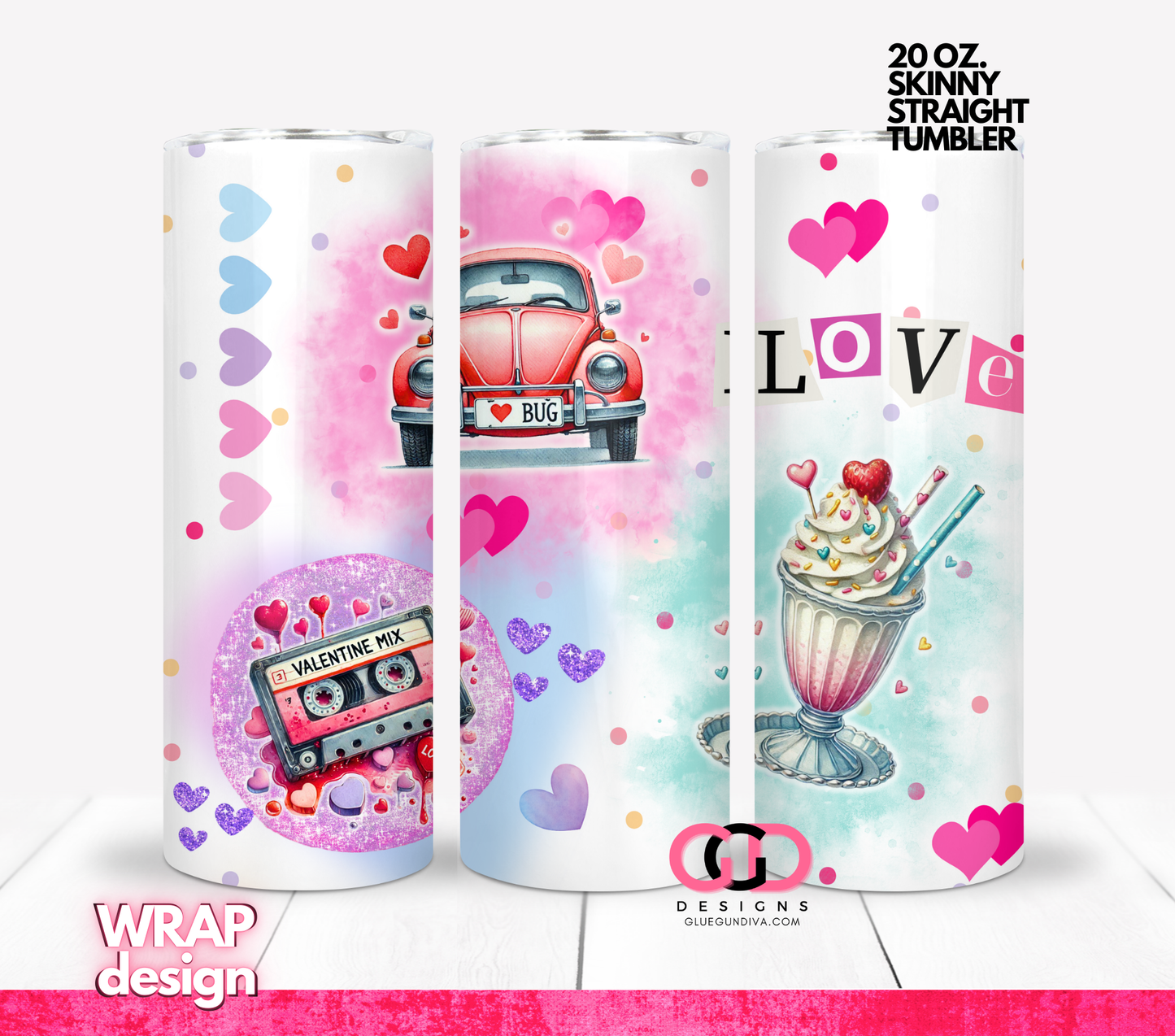 Valentine Retro Hearts- Digital tumbler wrap for 20 oz skinny straight tumbler