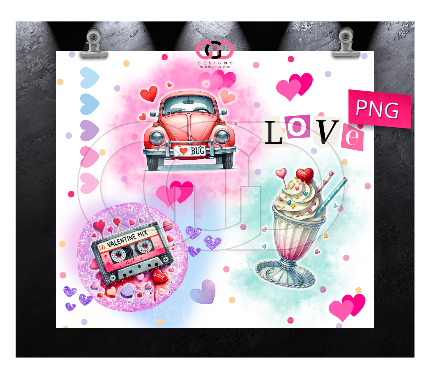 Valentine Retro Hearts- Digital tumbler wrap for 20 oz skinny straight tumbler