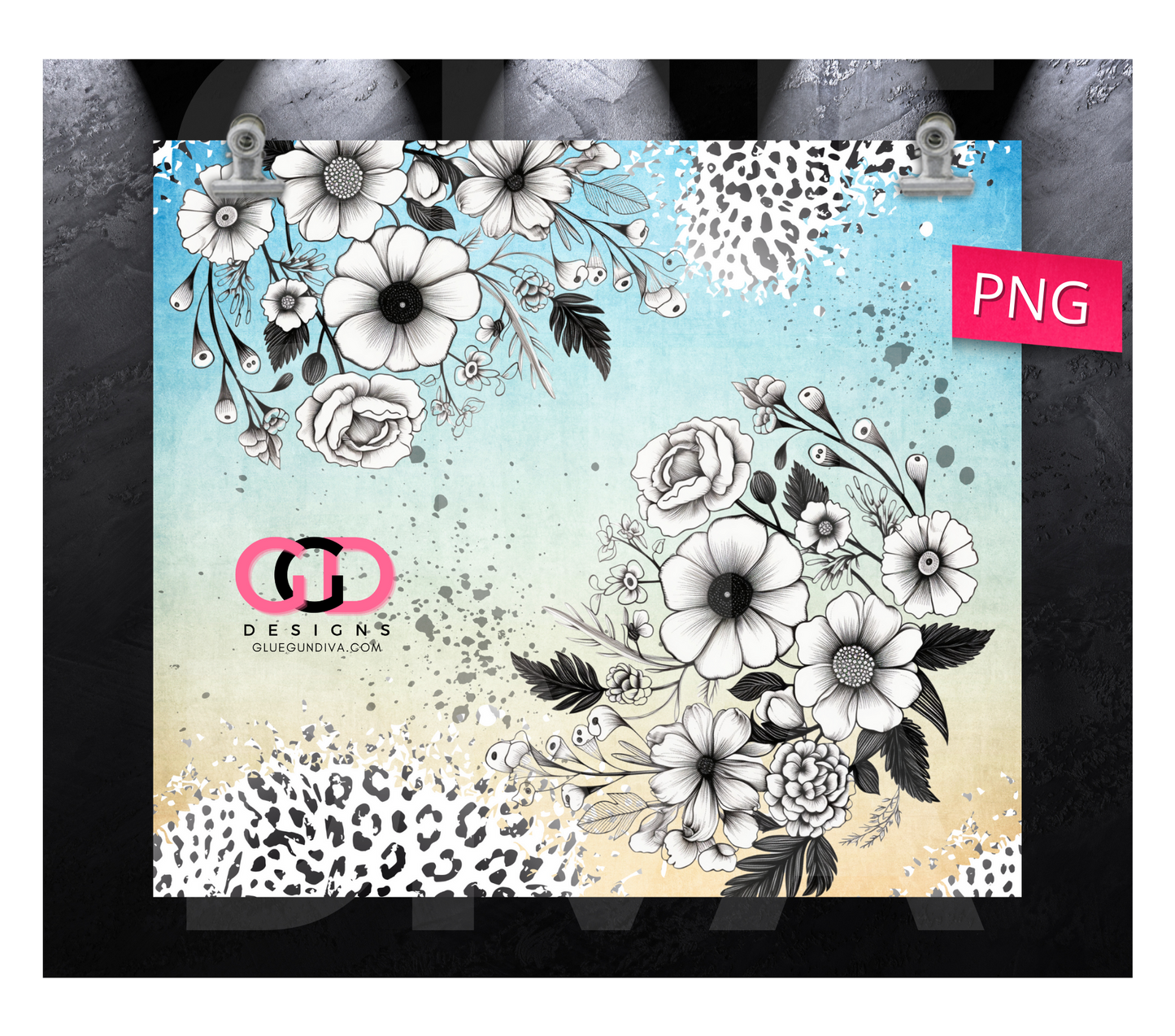 Flower drawings and animal print- Digital tumbler wrap for 20 oz skinny straight tumbler