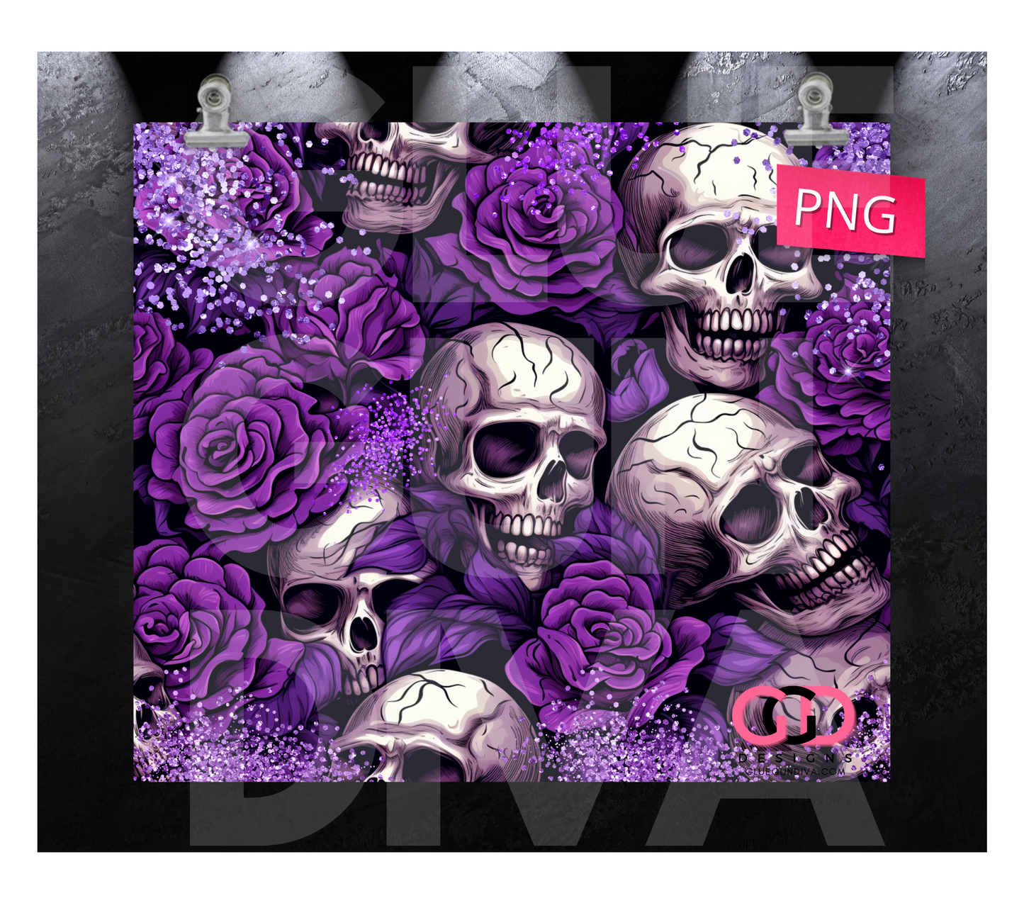 Purple Skulls and Roses - Digital tumbler wrap for 20 oz skinny straight tumbler