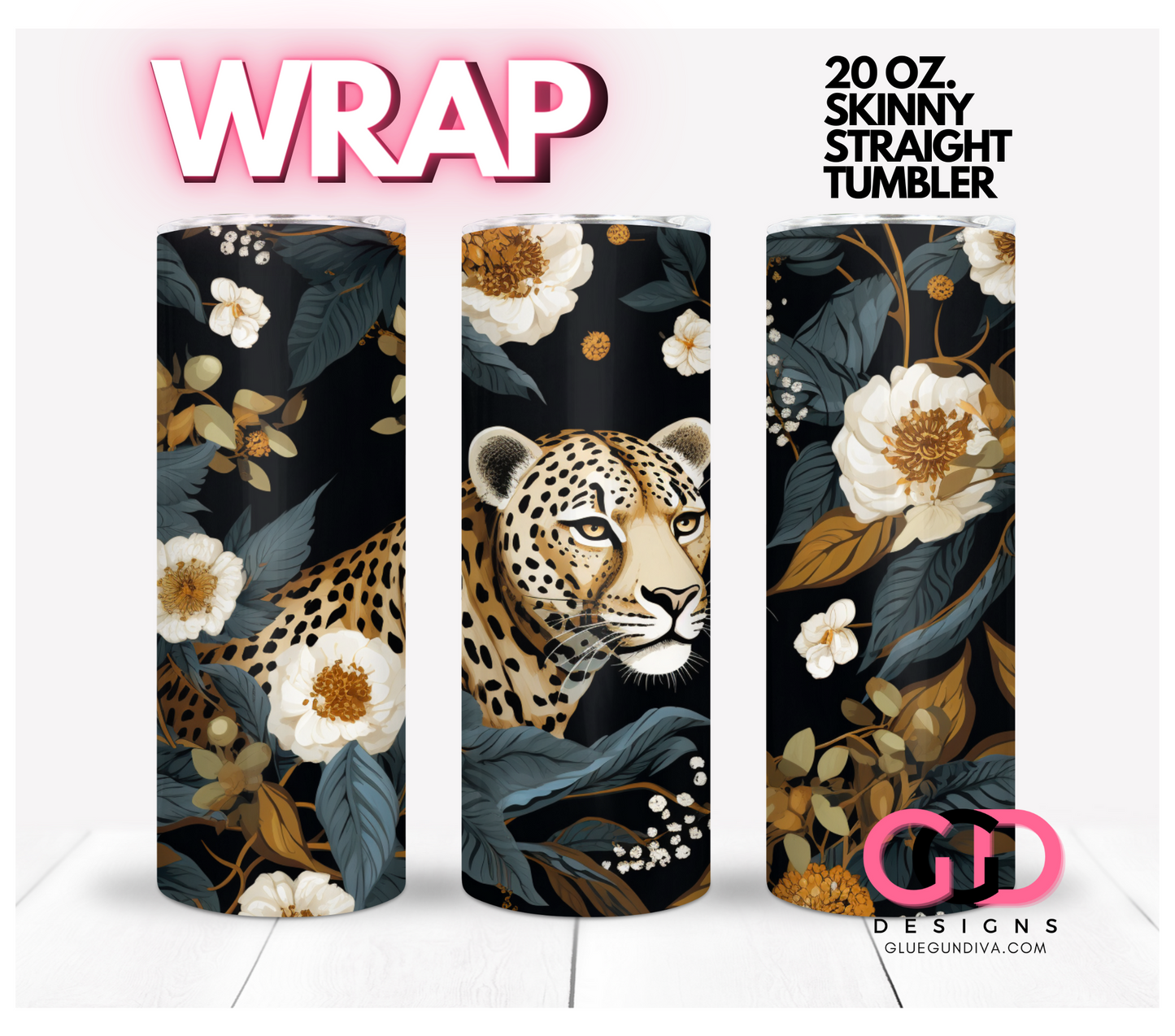 Leopard and Flowers- Digital tumbler wrap for 20 oz skinny straight tumbler