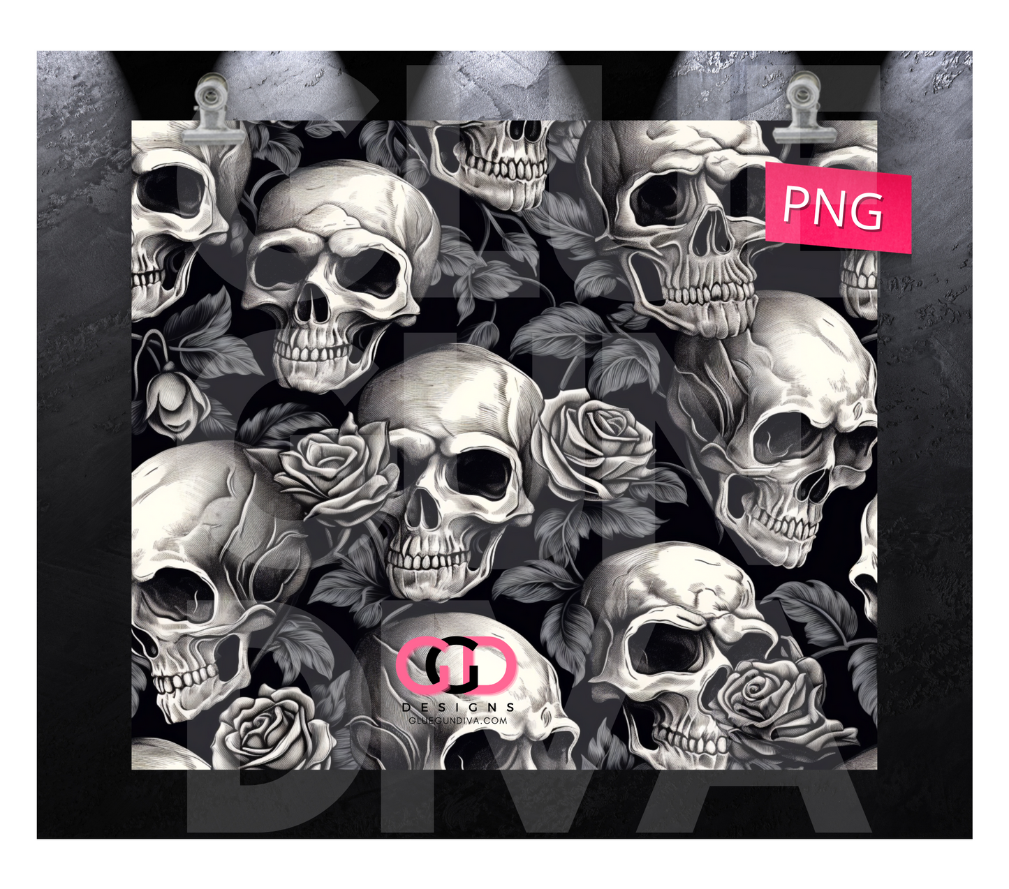 Grey Skulls and Roses - Digital tumbler wrap for 20 oz skinny straight tumbler