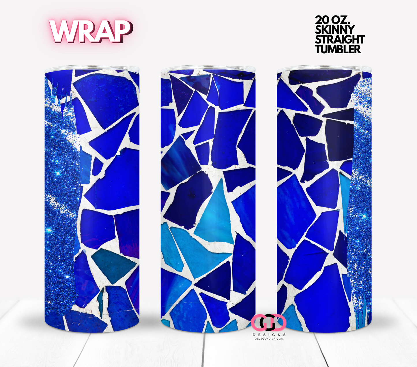 Broken blue ceramic and glitter - Digital tumbler wrap for 20 oz skinny straight tumbler