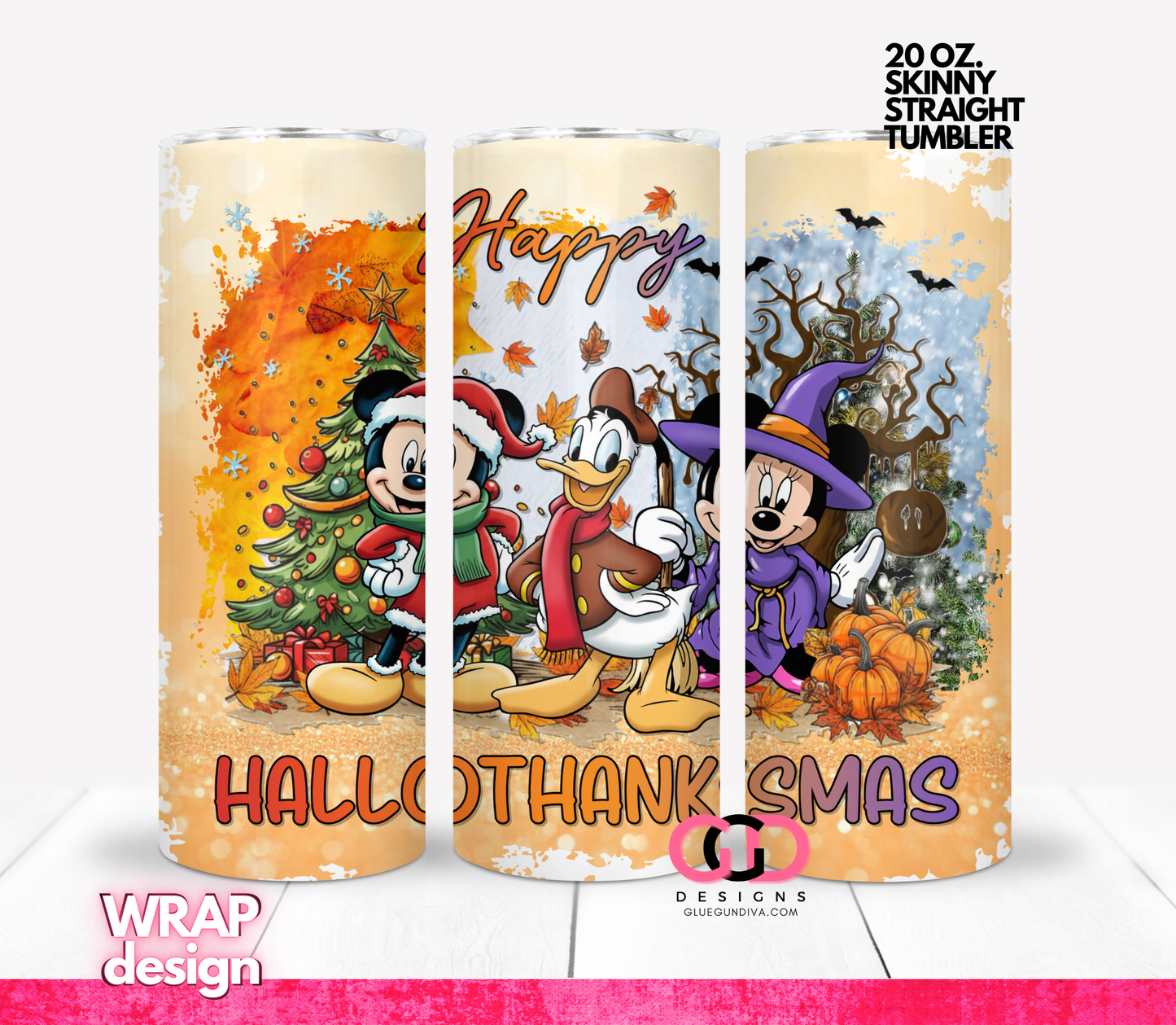 Mouse and Friends Hallothanksmas - Digital tumbler wrap for 20 oz skinny straight tumbler
