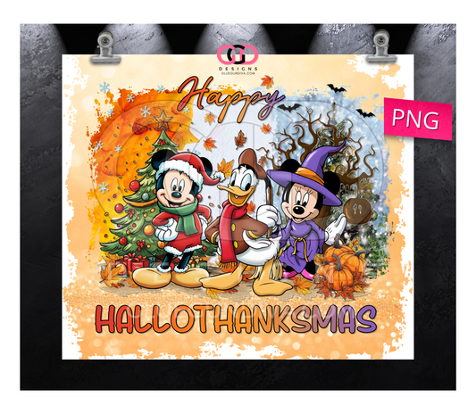 Mouse and Friends Hallothanksmas - Digital tumbler wrap for 20 oz skinny straight tumbler
