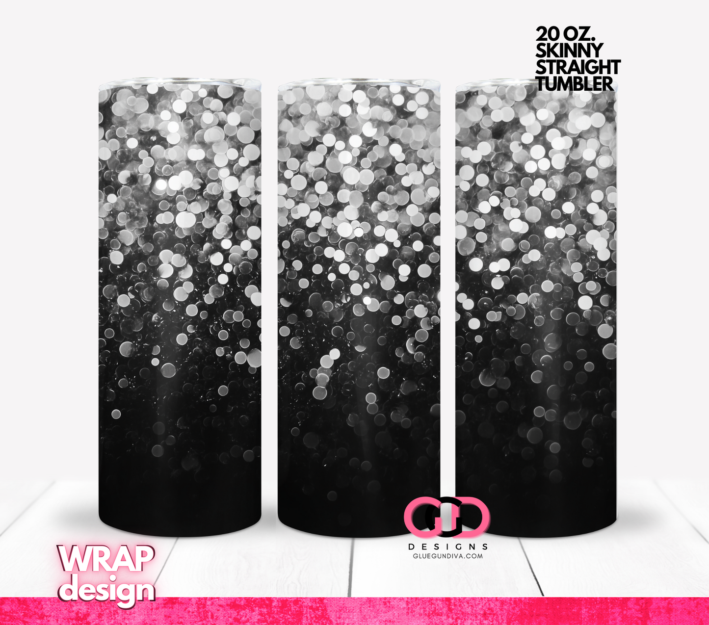 White Silver Black Bokeh background - Digital tumbler wrap for 20 oz skinny straight tumbler
