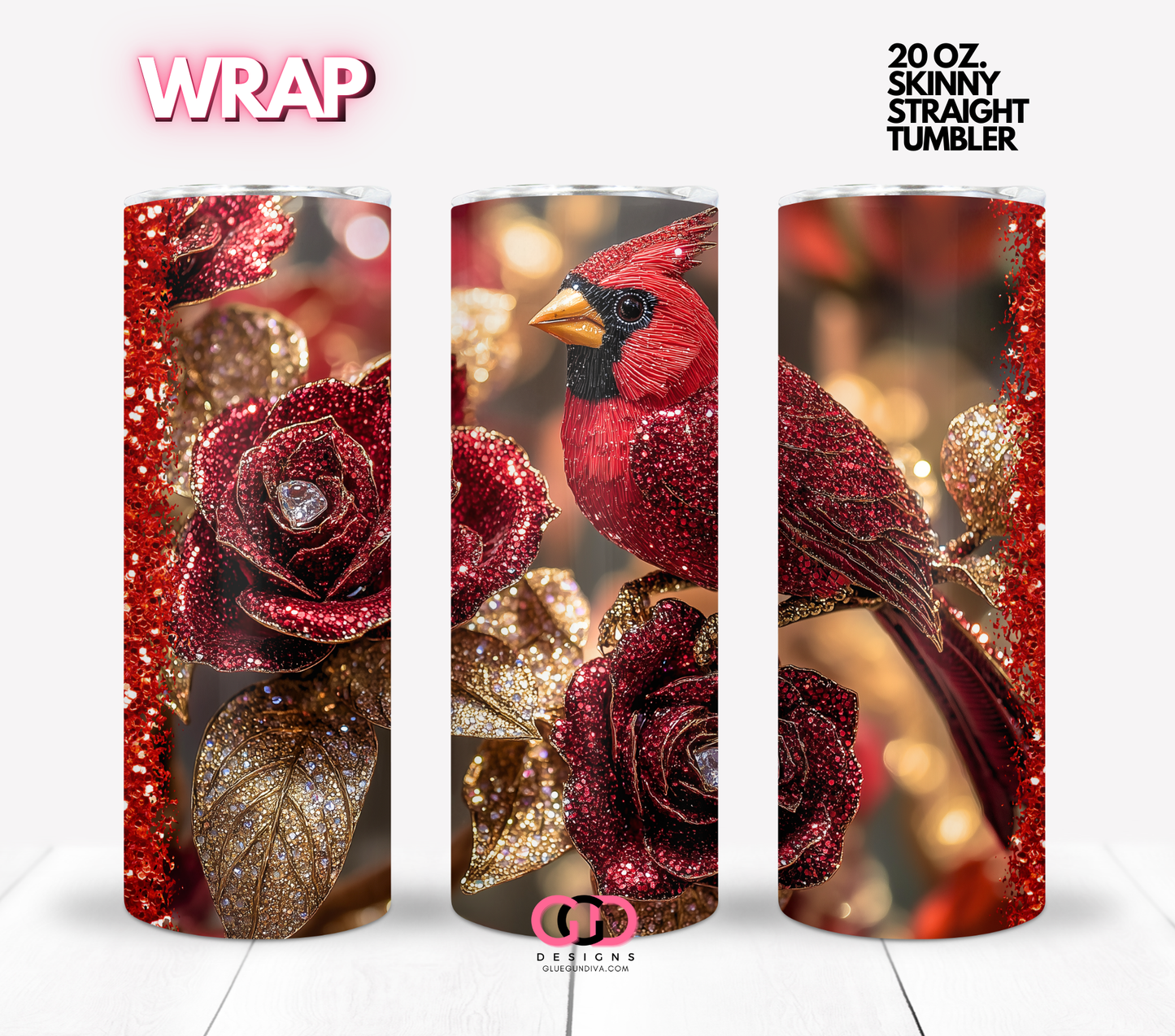 Jeweled Cardinal - Digital tumbler wrap for 20 oz skinny straight tumbler