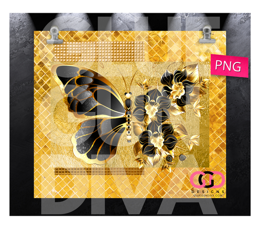 Gold and Black Butterfly - Digital tumbler wrap for 20 oz skinny straight tumbler