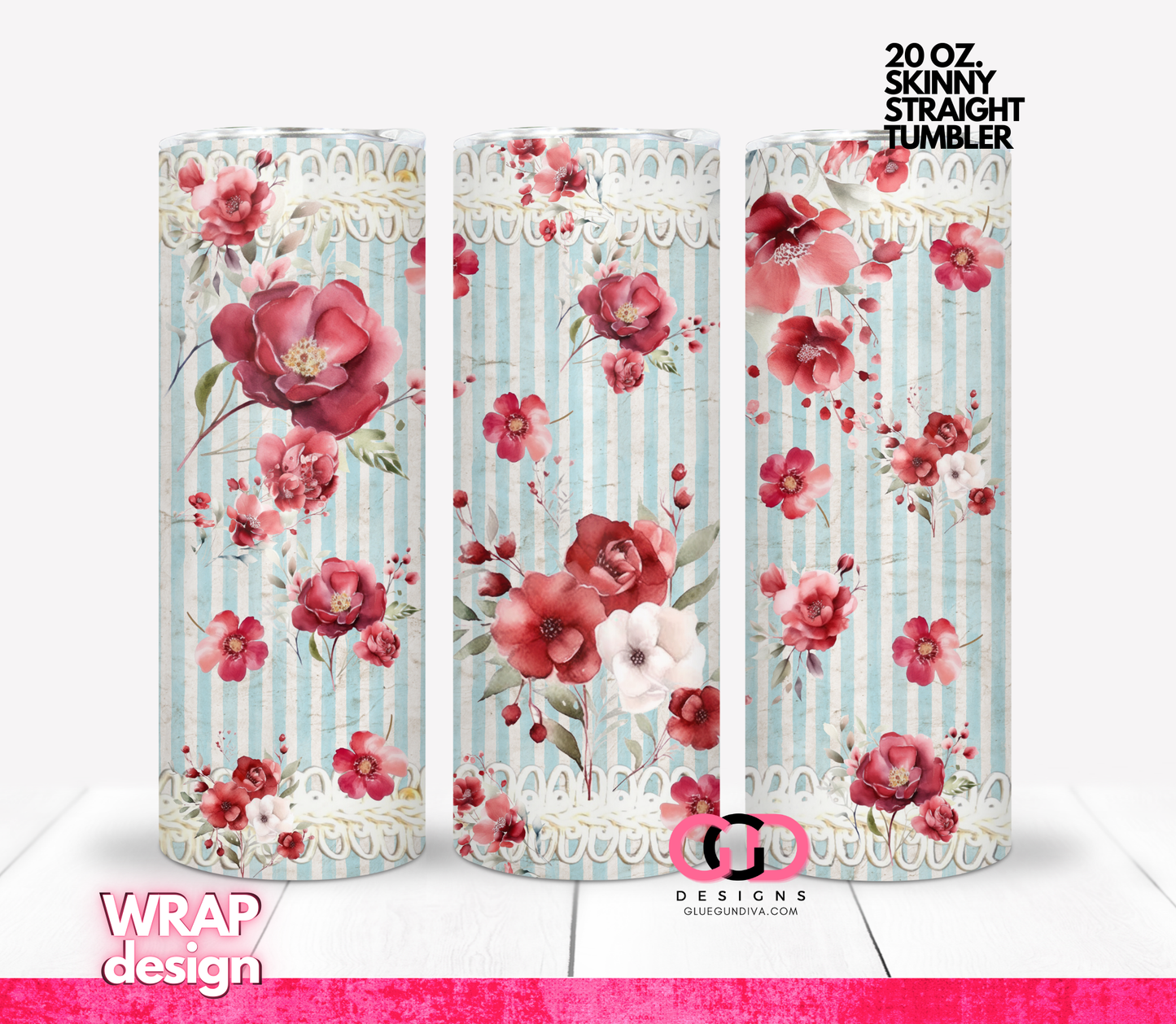 Red Flowers and Lace - Digital tumbler wrap for 20 oz skinny straight tumbler