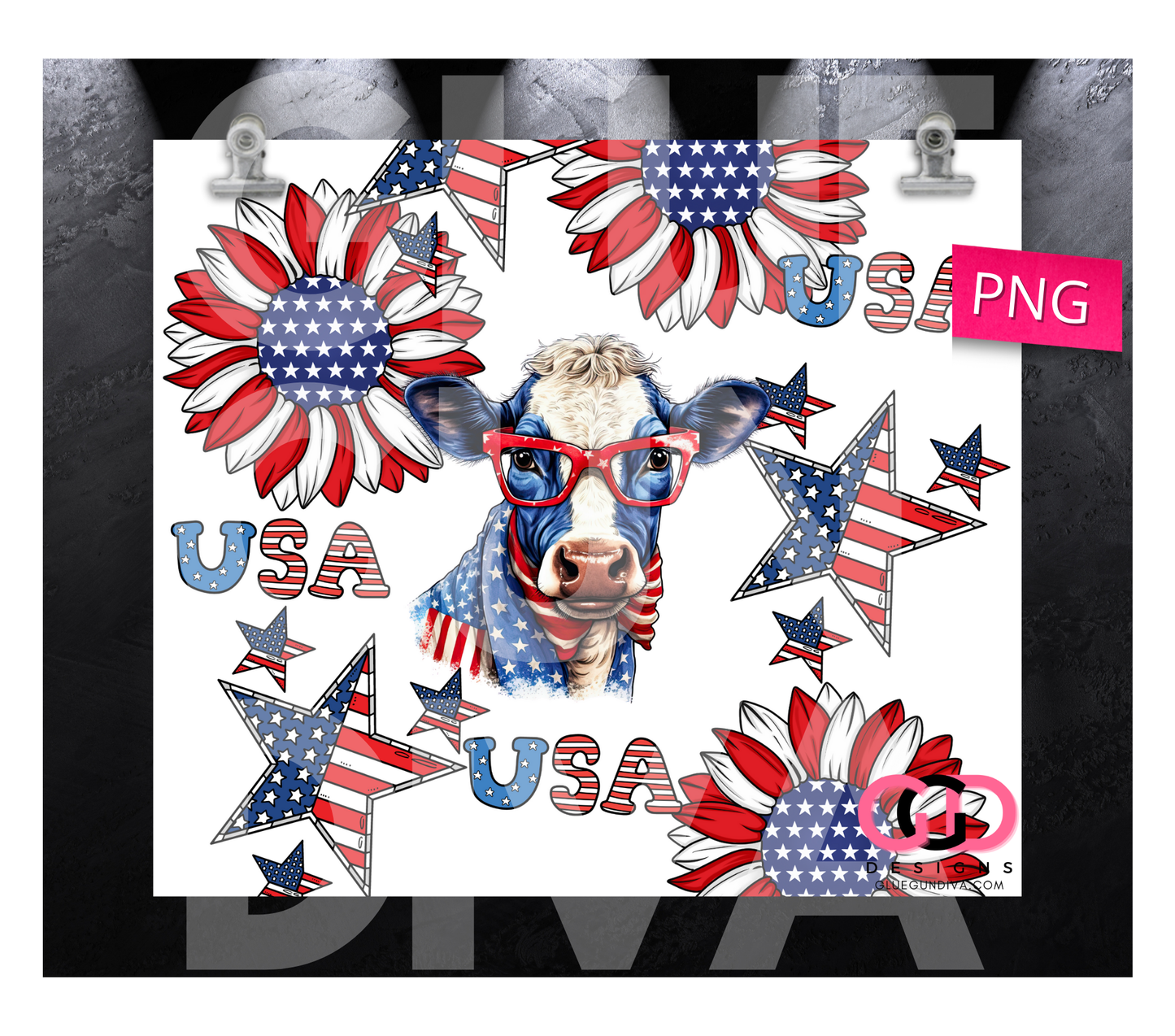 USA Red White and Moo - Digital tumbler wrap for 20 oz skinny straight tumbler