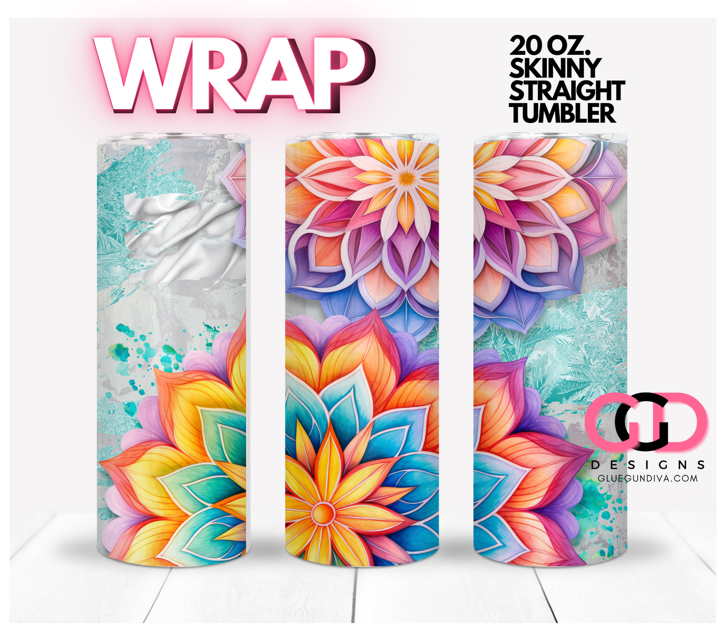 Colorful Mandalas - Digital tumbler wrap for 20 oz skinny straight tumbler