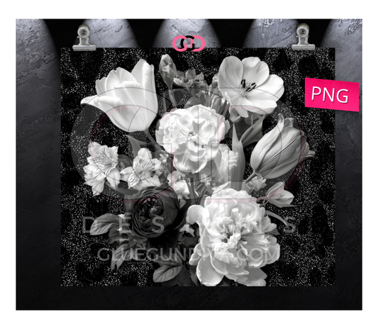 Black White Flowers 2 - Digital tumbler wrap for 20 oz skinny straight tumbler