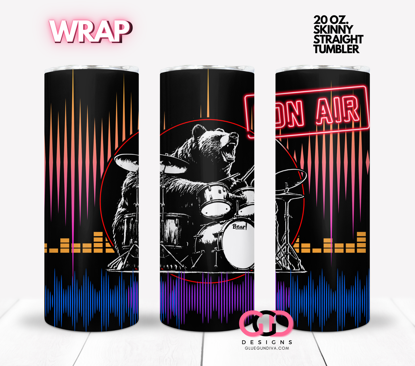 Drumming Bear - Digital tumbler wrap for 20 oz skinny straight tumbler