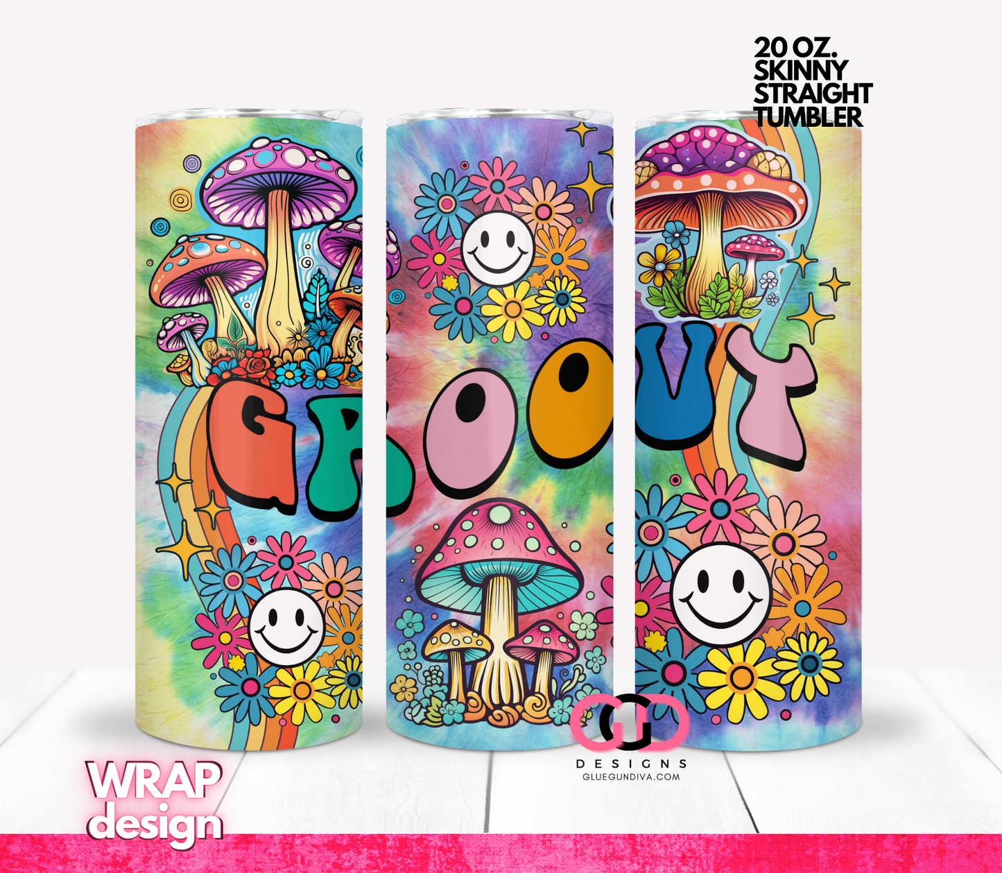 Groovy Mushrooms and Flowers - Digital tumbler wrap for 20 oz skinny straight tumbler