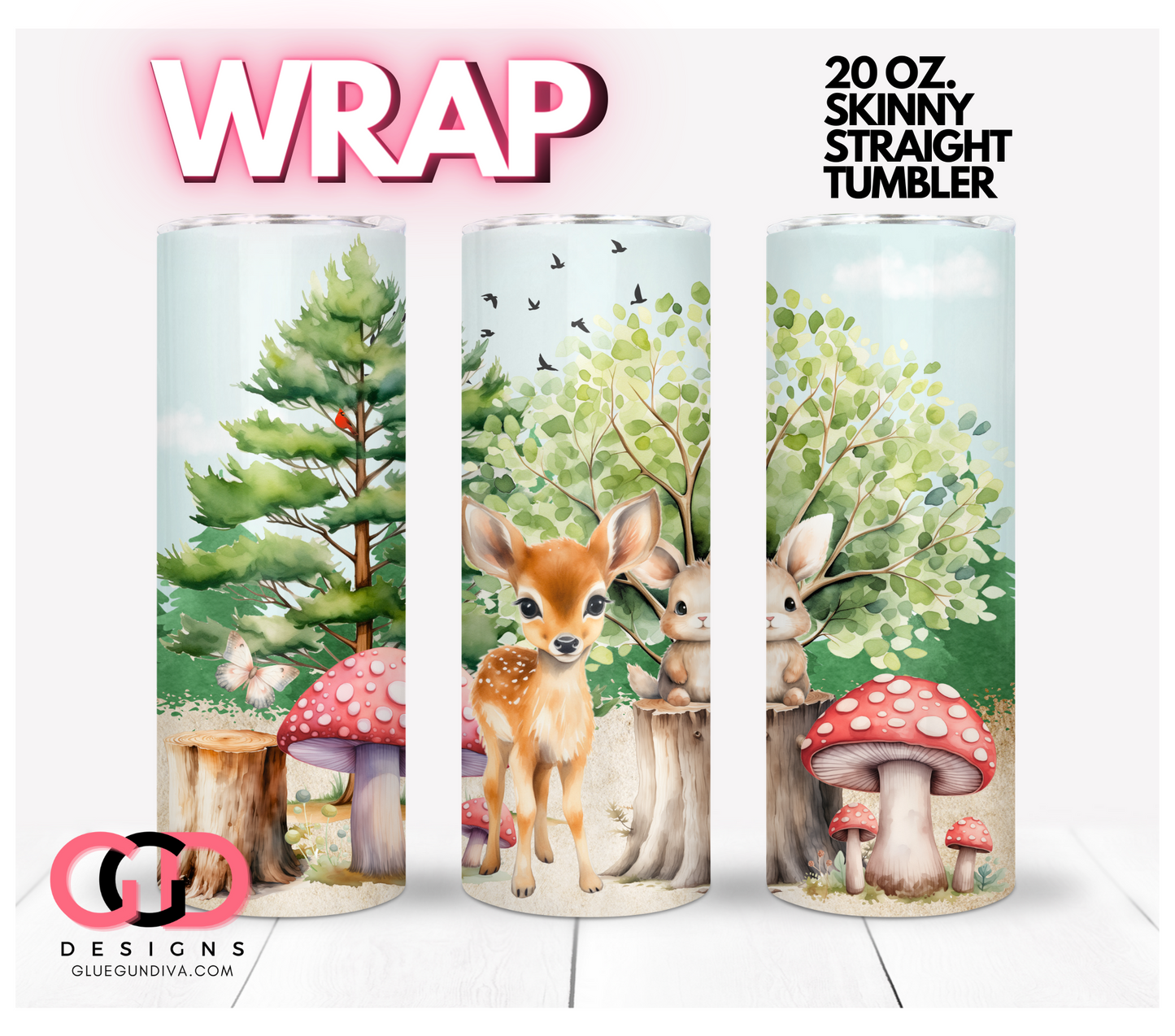 Forest Friends and Mushrooms - Digital tumbler wrap for 20 oz skinny straight tumbler