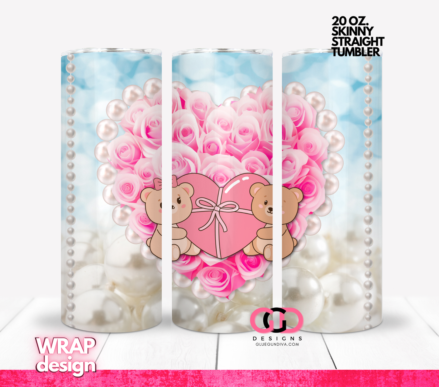 Sweet Bears on Pearls and Roses- Digital tumbler wrap for 20 oz skinny straight tumbler