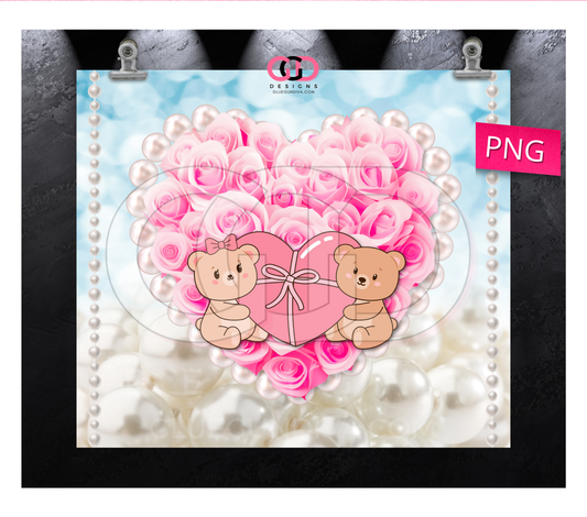 Sweet Bears on Pearls and Roses- Digital tumbler wrap for 20 oz skinny straight tumbler