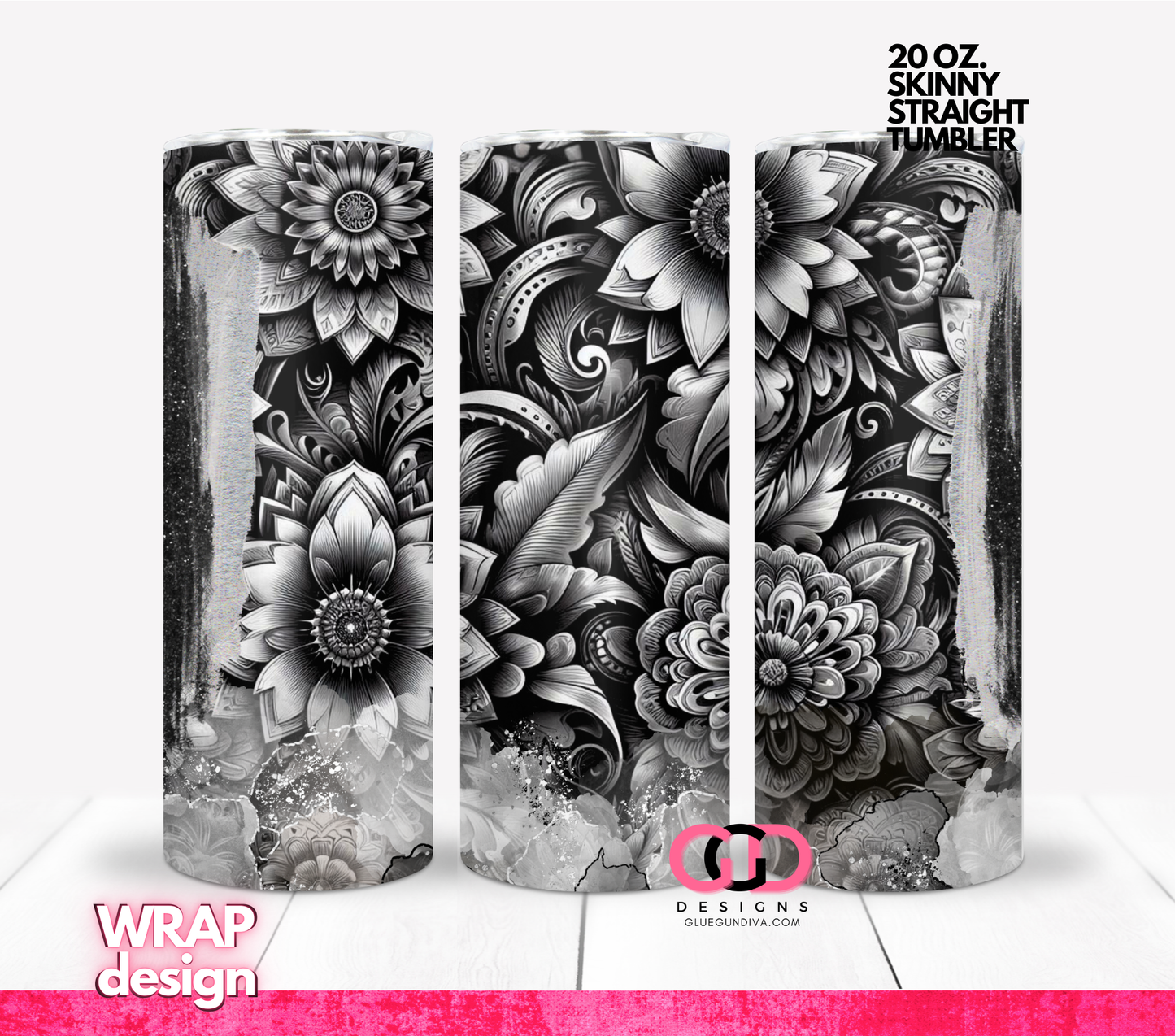 Black White Mexican Flowers 3D- Digital tumbler wrap for 20 oz skinny straight tumbler