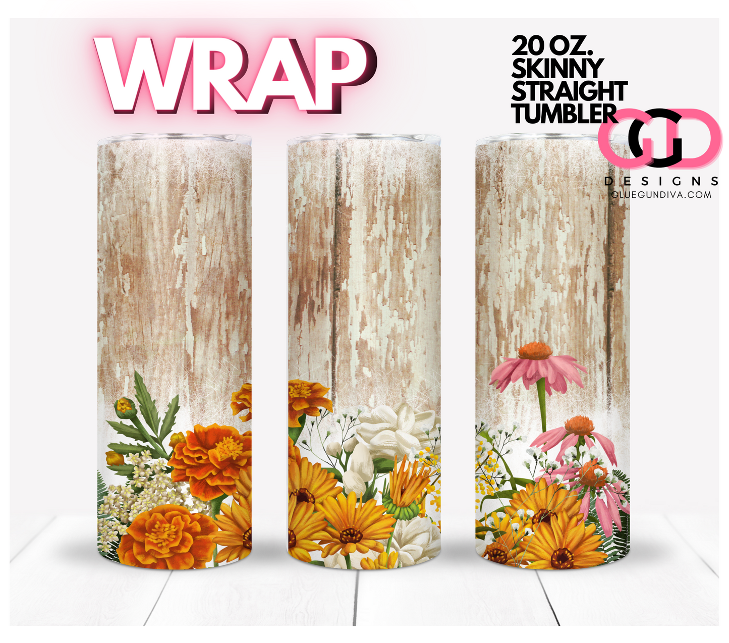 Flowers against tree trunk- Digital tumbler wrap for 20 oz skinny straight tumbler