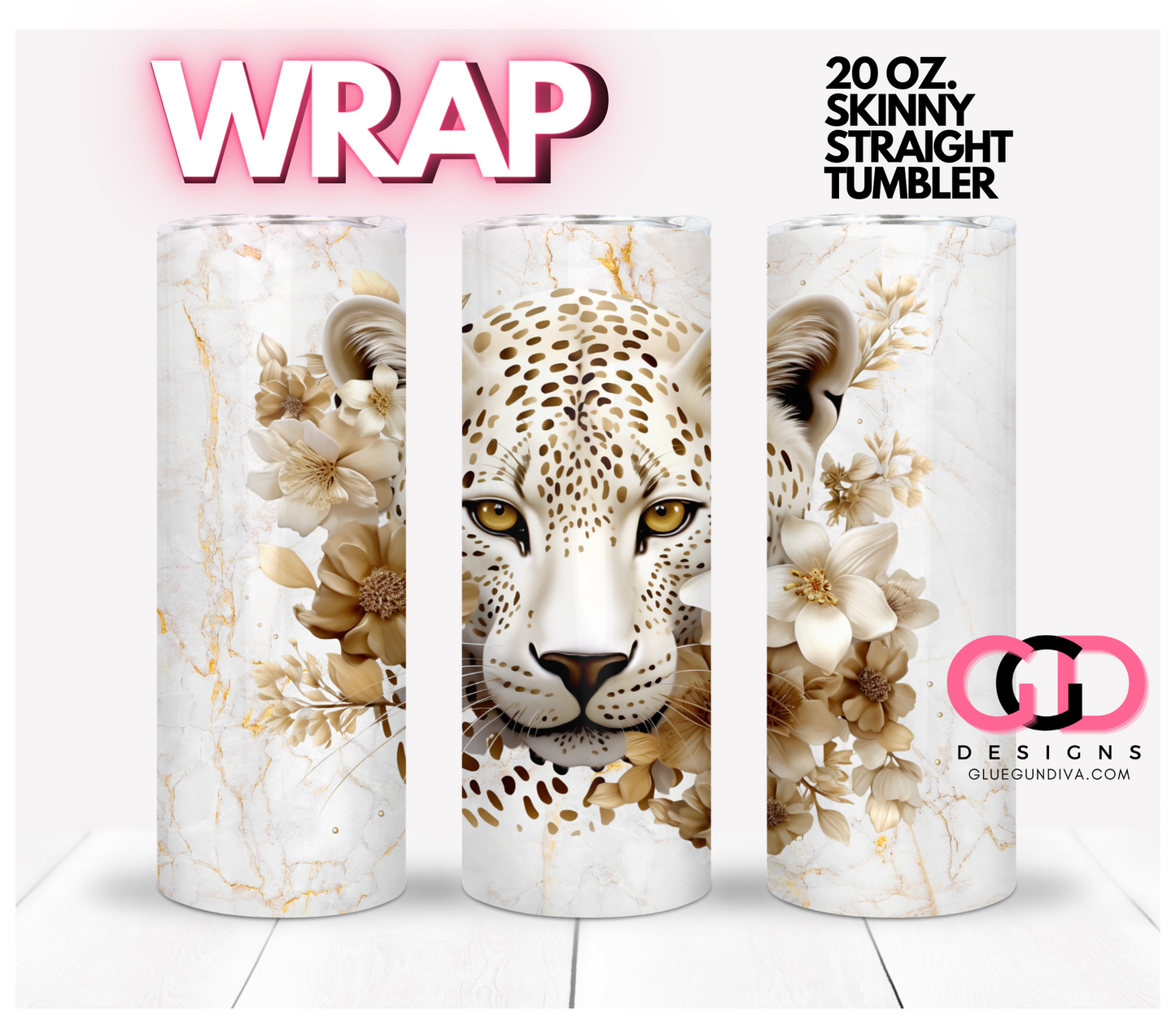 Leopard and flowers- Digital tumbler wrap for 20 oz skinny straight tumbler