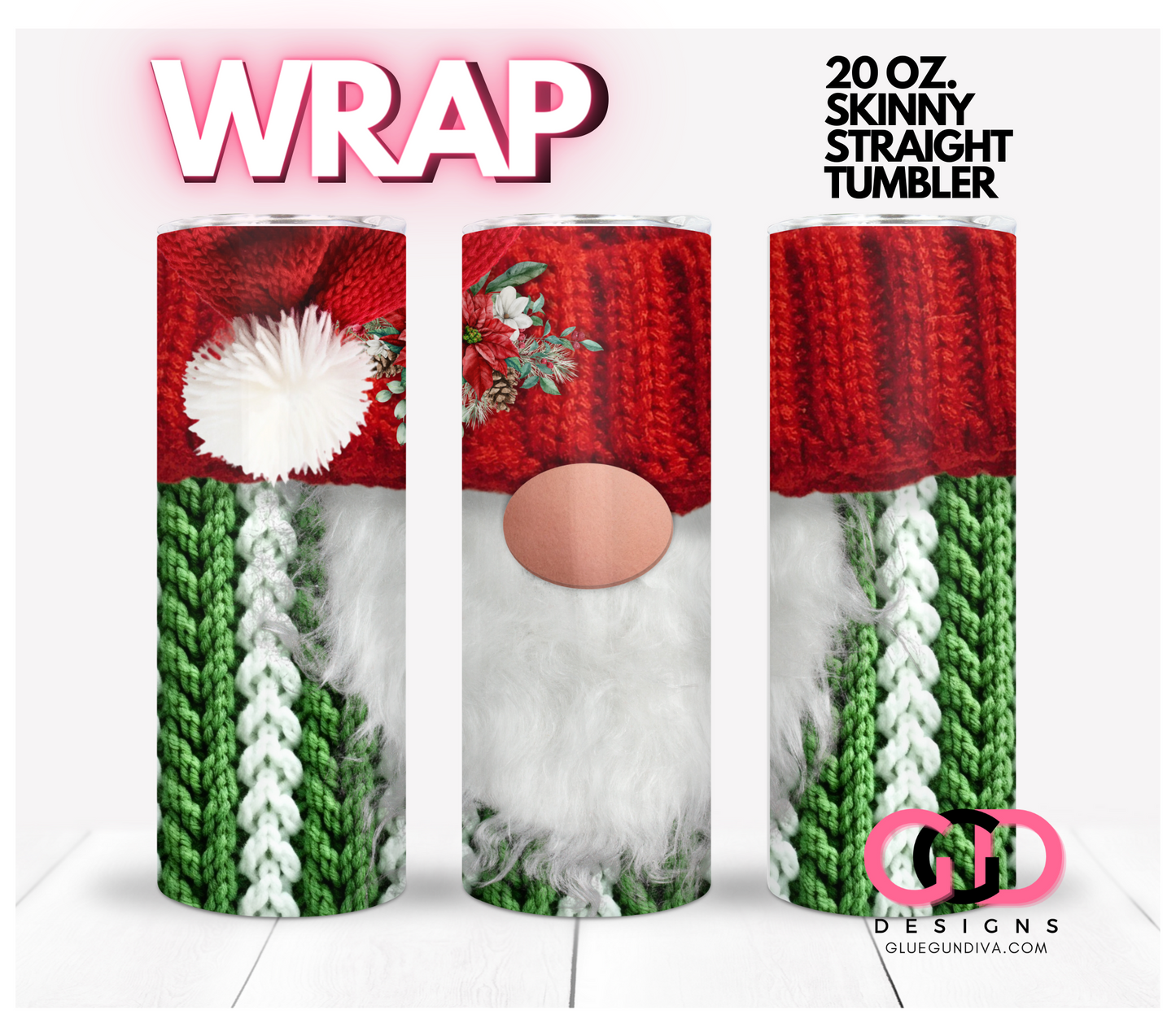 Christmas Gnome Knitted Outfit - Digital tumbler wrap for 20 oz skinny straight tumbler