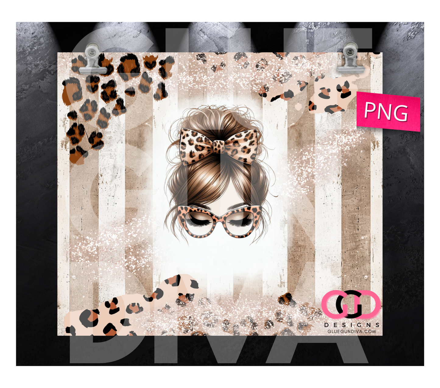 Cute Leopard Messy Bun - Digital tumbler wrap for 20 oz skinny straight tumbler