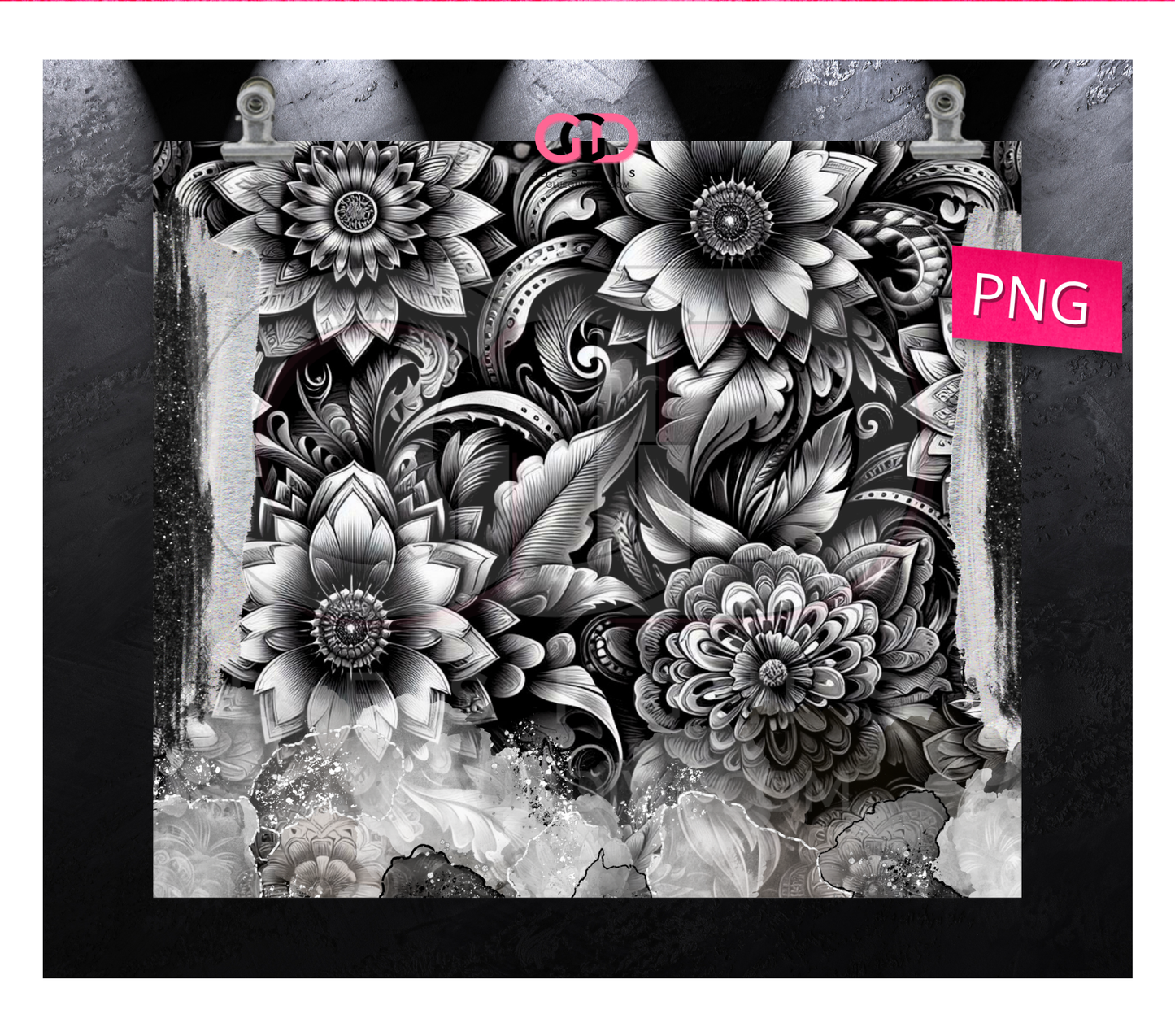 Black White Mexican Flowers 3D- Digital tumbler wrap for 20 oz skinny straight tumbler