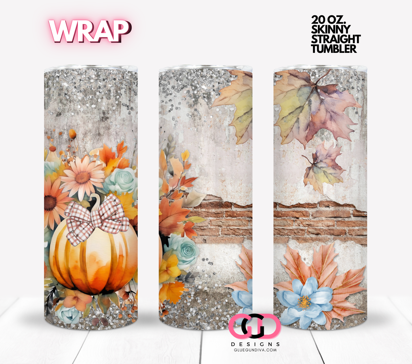 Fall Brick Wall - Digital tumbler wrap for 20 oz skinny straight tumbler