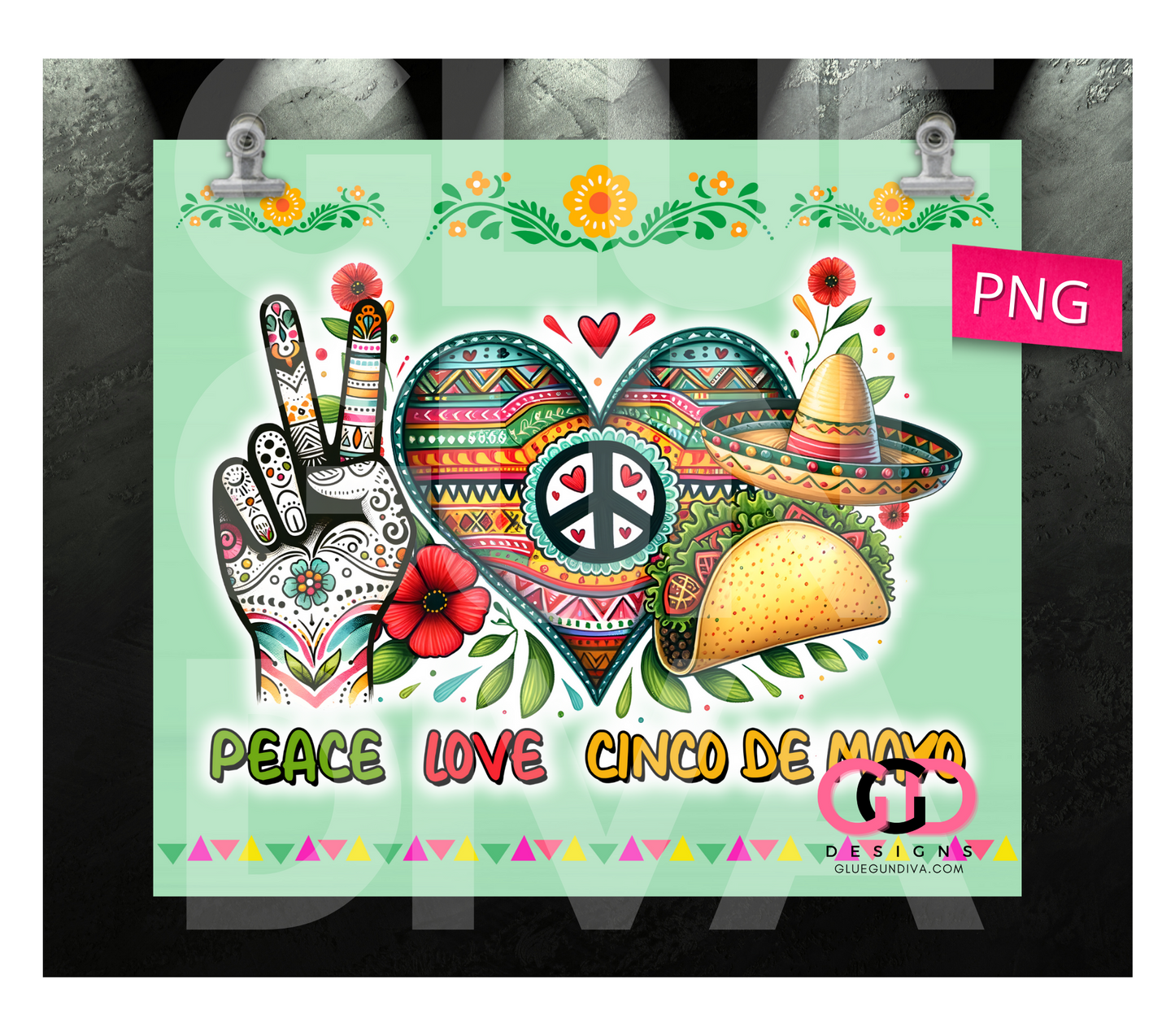 Peace Love Cinco de Mayo - Digital tumbler wrap for 20 oz skinny straight tumbler