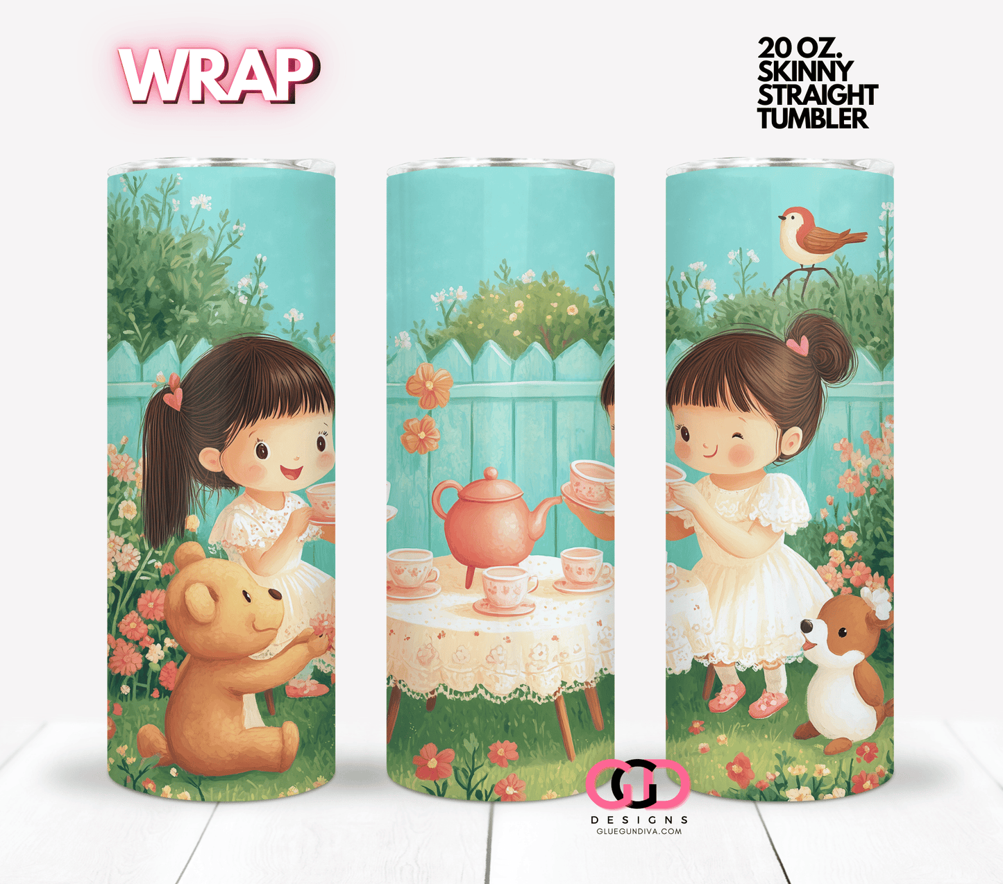 Tea Time Asian girls- Digital tumbler wrap for 20 oz skinny straight tumbler