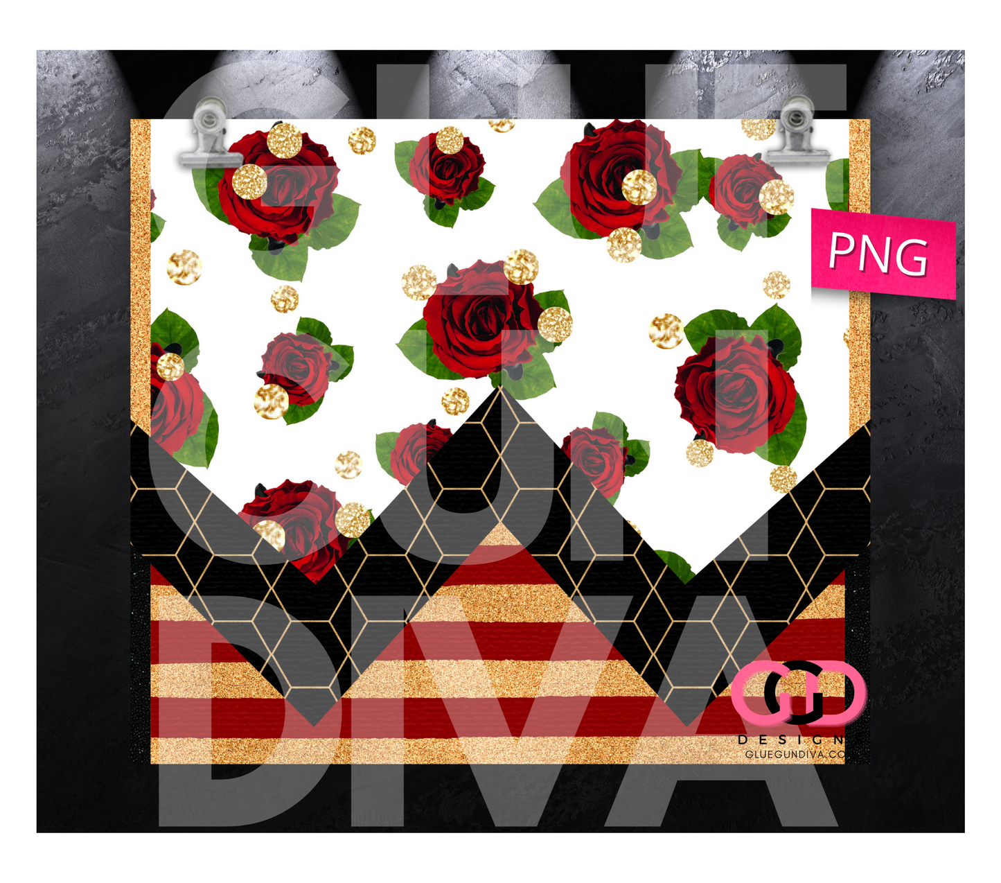 Red Roses and Black Chevron - Digital tumbler wrap for 20 oz skinny straight tumbler