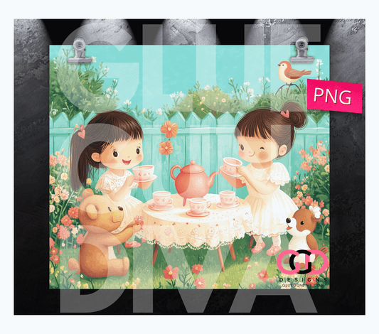 Tea Time Asian girls- Digital tumbler wrap for 20 oz skinny straight tumbler