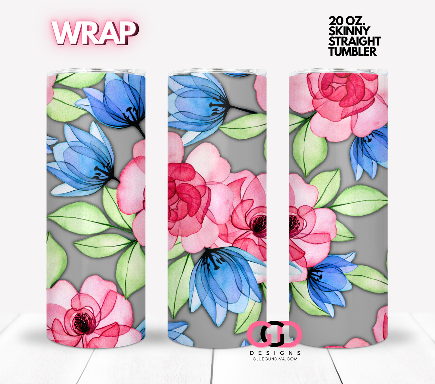 Bright Flowers on Grey - Digital tumbler wrap for 20 oz skinny straight tumbler