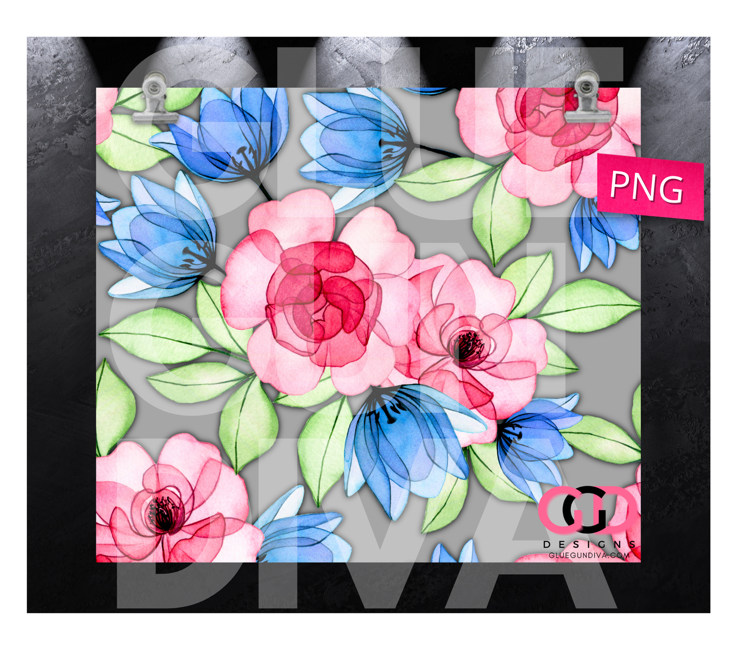 Bright Flowers on Grey - Digital tumbler wrap for 20 oz skinny straight tumbler