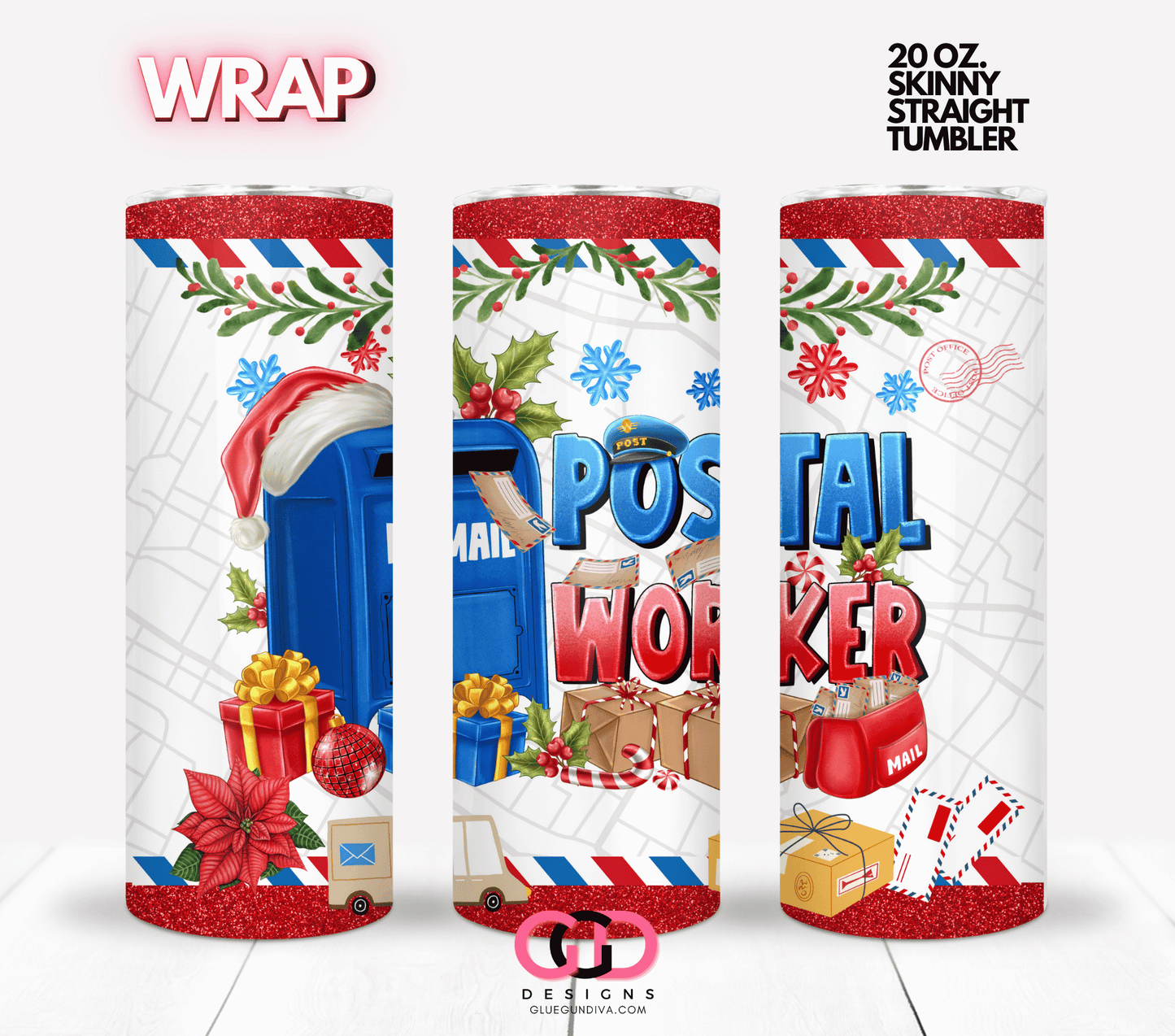 Christmas Postal Worker - Digital tumbler wrap for 20 oz skinny straight tumbler