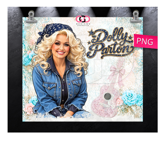 Dolly Parton Blue and Guitar - Digital tumbler wrap for 20 oz skinny straight tumbler