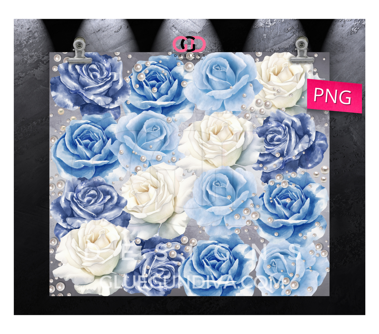 Roses in Blue and Pearls - Digital tumbler wrap for 20 oz skinny straight tumbler